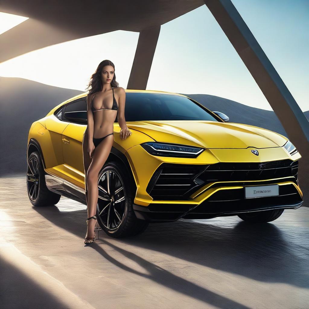 A girl wearing a bikini is sitting inside a Lamborghini Urus