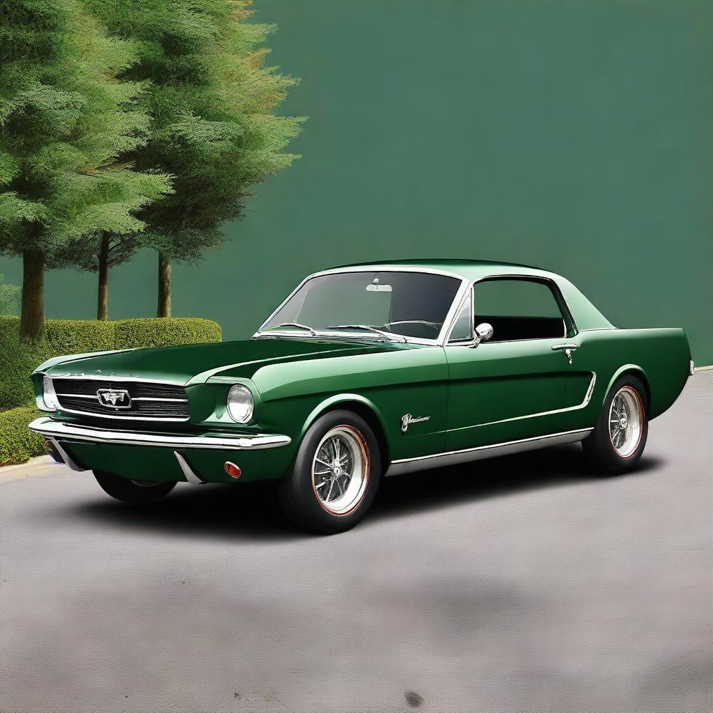 Create an image of a 1965 Mustang in dark ivy green with bronze torque thrust race wheels