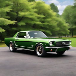 Create an image of a 1965 Mustang in dark ivy green with bronze torque thrust race wheels