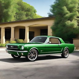 Create an image of a 1965 Mustang in dark ivy green with bronze torque thrust race wheels