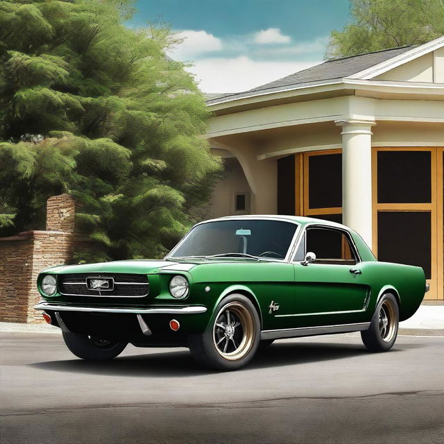 Create an image of a 1965 Mustang in dark ivy green with bronze torque thrust race wheels