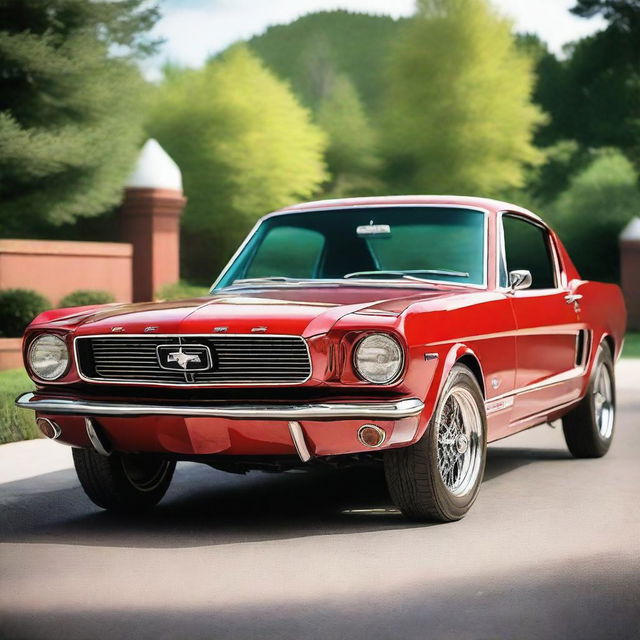 Create an image of a 1966 Mustang Fastback GT350R with an R apron front bumper