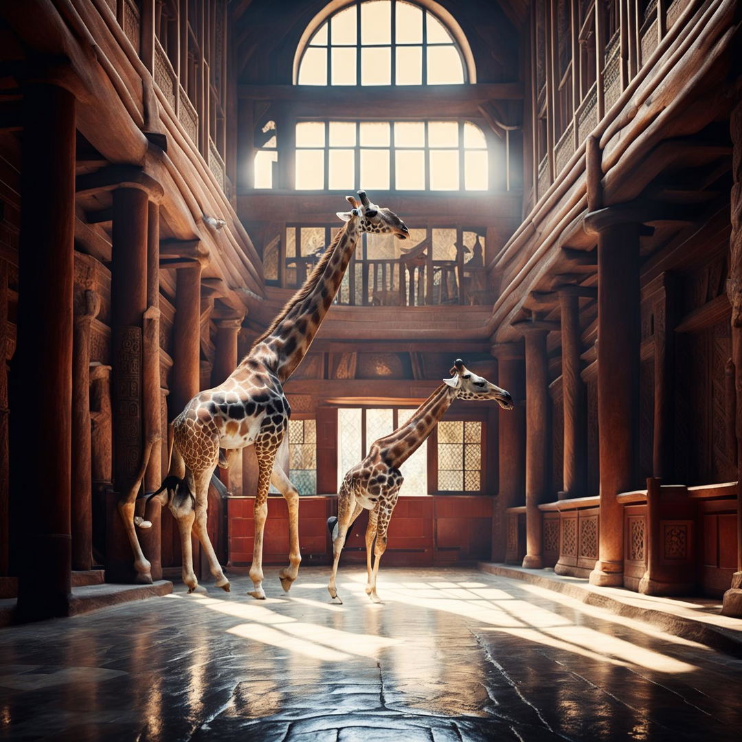 A giraffe playfully chases a monk through the serene and intricately designed halls of an ancient monastery, blending tranquility with whimsy