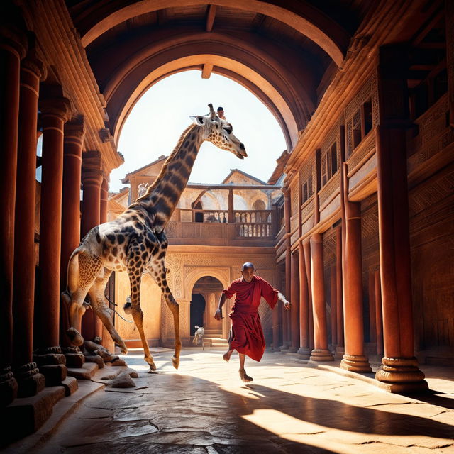 A monk clings desperately to his holy text as he scrambles to outrun a playful giraffe through the serene and intricately designed halls of an ancient monastery, aiming to reach the exit