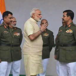 Narendra Modi, the Prime Minister of India, in respectful conversation with Indian Army officers in military uniform, against the backdrop of the Indian tricolor flag.