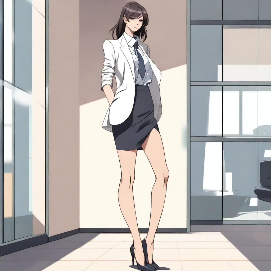 Create an NSFW anime-style image depicting a tall, authoritative woman in a business suit with sexy legs in high-heeled shoes