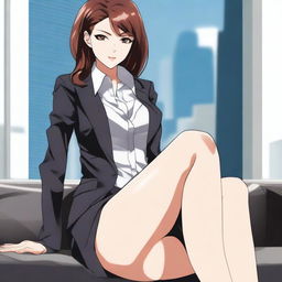 Create an NSFW anime-style image depicting a tall, authoritative woman in a business suit with sexy legs in high-heeled shoes