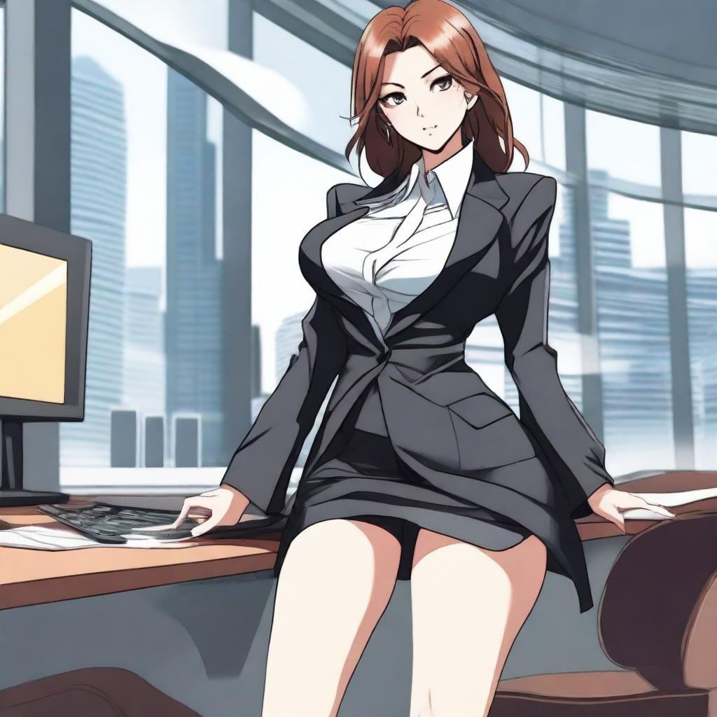 Create an NSFW anime-style image depicting a tall, authoritative woman in a business suit with sexy legs in high-heeled shoes