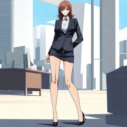 Create an NSFW anime-style image depicting a tall, authoritative woman in a business suit with sexy legs in high-heeled shoes