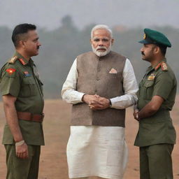 Narendra Modi, the Prime Minister of India, in respectful conversation with Indian Army officers in military uniform, against the backdrop of the Indian tricolor flag.