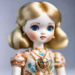 A detailed image of a doll with blond hair, holding a pearl in its paw