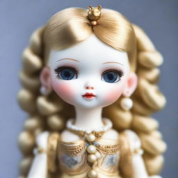 A detailed image of a doll with blond hair, holding a pearl in its paw