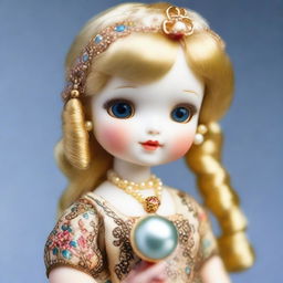 A detailed image of a doll with blond hair, holding a pearl in its paw