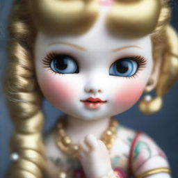 A detailed image of a doll with blond hair, holding a pearl in its paw