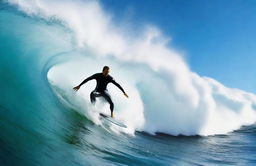 A dynamic and thrilling scene of a surfer riding a massive wave, captured in mid-action