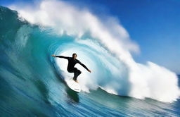 A dynamic and thrilling scene of a surfer riding a massive wave, captured in mid-action