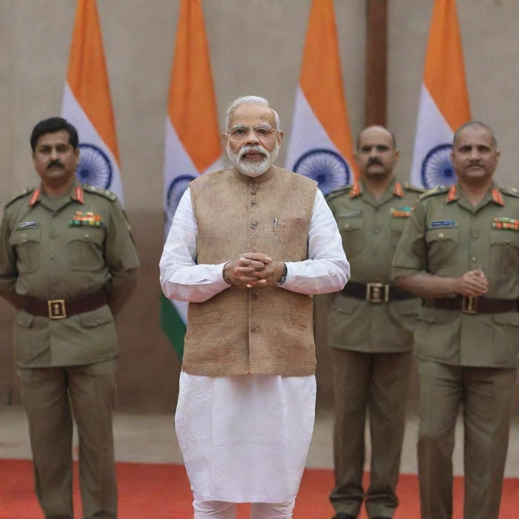 Narendra Modi, the Prime Minister of India, in respectful conversation with Indian Army officers in military uniform, against the backdrop of the Indian tricolor flag.