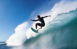 A dynamic and thrilling scene of a surfer riding a massive wave, captured in mid-action