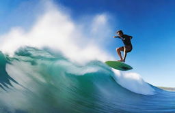 A dynamic and thrilling scene of a surfer riding a massive wave, captured in mid-action