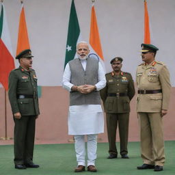 Narendra Modi, the Prime Minister of India, in respectful conversation with Indian Army officers in military uniform, against the backdrop of the Indian tricolor flag.