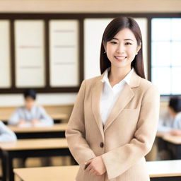 A beautiful Japanese teacher standing in a classroom, with traditional Japanese elements in the background