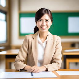 A beautiful Japanese teacher standing in a classroom, with traditional Japanese elements in the background