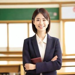 A beautiful Japanese teacher standing in a classroom, with traditional Japanese elements in the background