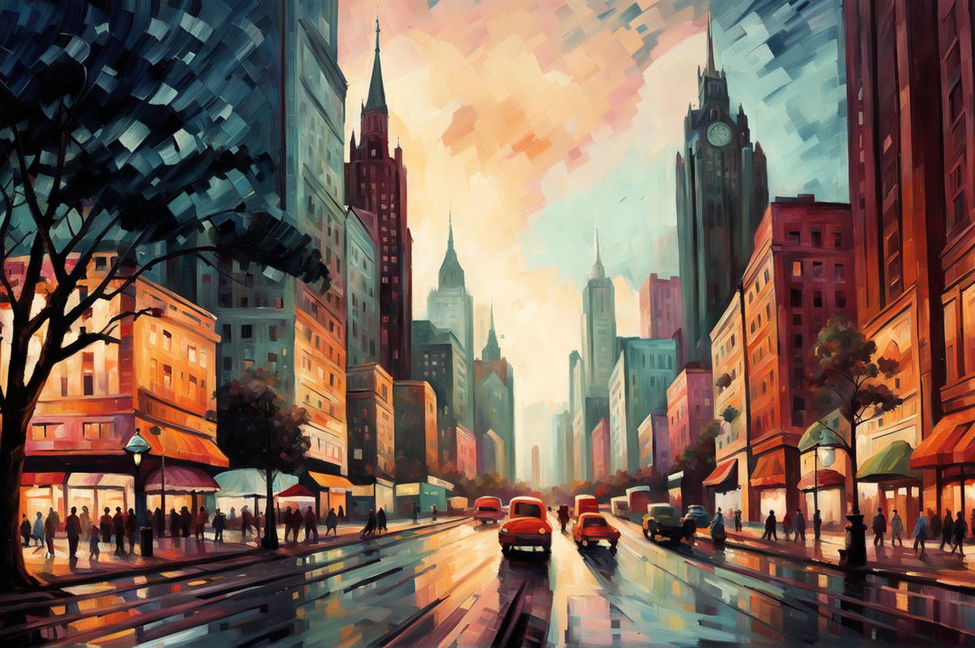 Create an impressionist painting of a bustling cityscape with vibrant colors, dynamic brushstrokes, and various elements like people, cars, and buildings to capture the energy and movement of the city