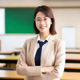 An attractive Japanese teacher standing in a classroom, with traditional Japanese elements in the background