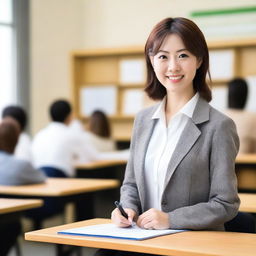 An attractive Japanese teacher standing in a classroom, with traditional Japanese elements in the background