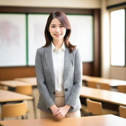 An attractive Japanese teacher standing in a classroom, with traditional Japanese elements in the background