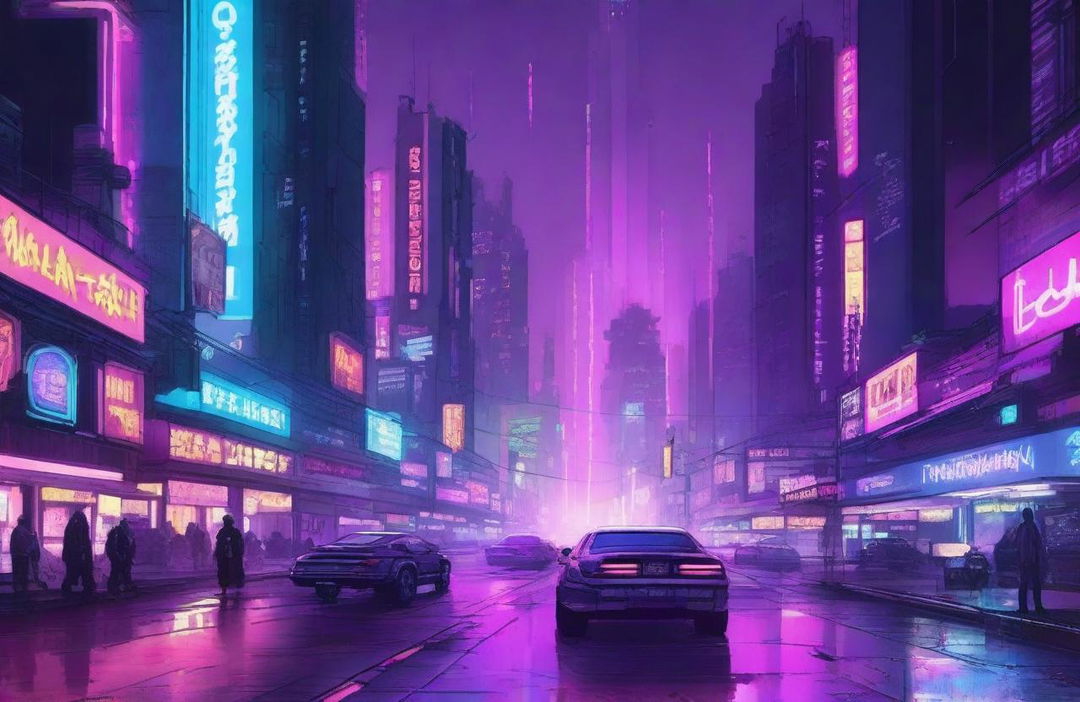 A detailed digital illustration of a cyberpunk cityscape at night