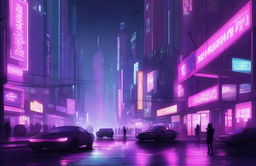 A detailed digital illustration of a cyberpunk cityscape at night