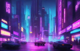 A detailed digital illustration of a cyberpunk cityscape at night