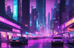 A detailed digital illustration of a cyberpunk cityscape at night