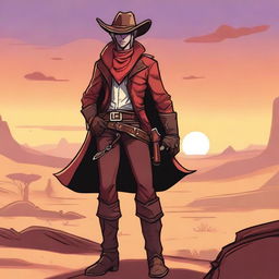 A twink-like Tiefling rogue dressed as a cowboy, featuring devilish horns, a slender build, and a mischievous expression