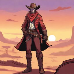 A twink-like Tiefling rogue dressed as a cowboy, featuring devilish horns, a slender build, and a mischievous expression