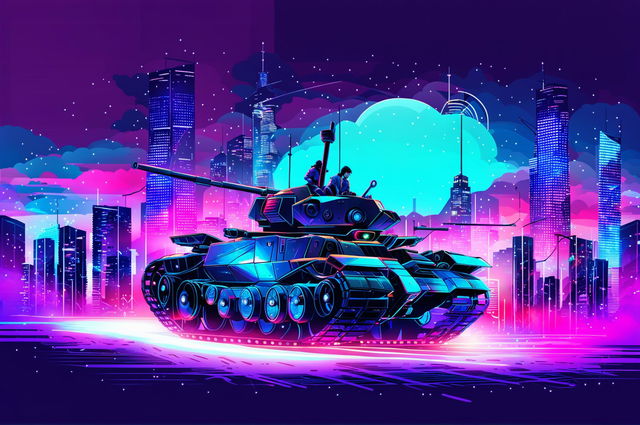 A futuristic cyberpunk tank rolls through a neon-lit cityscape with glowing accents, surrounded by skyscrapers, holographic ads, and people in futuristic attire