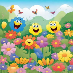 A vibrant garden scene with colorful flowers that have faces and are singing joyfully