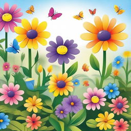 A vibrant garden scene with colorful flowers that have faces and are singing joyfully