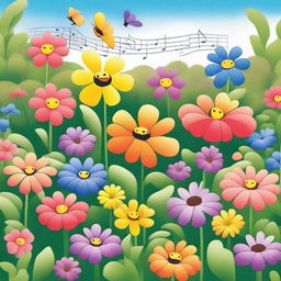 A vibrant garden scene with colorful flowers that have faces and are singing joyfully