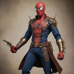 Spiderman reimagined in a steampunk style, featuring a Victorian-era suit with brass and copper spider-web gadgetry, steam-powered web shooters, and mechanical, cog-filled enhancements.