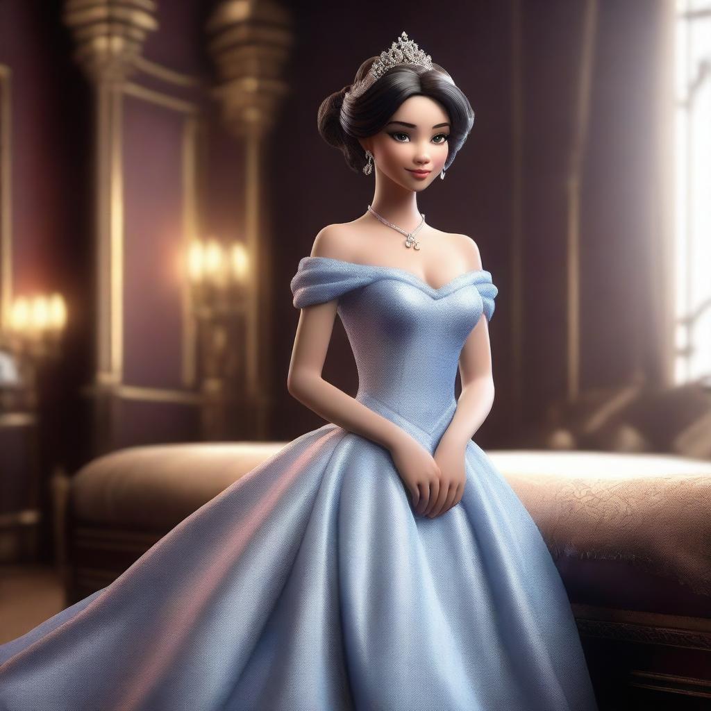 A 3D render of a beautiful princess in a seductive and stylish pose, inspired by the iconic Disney style