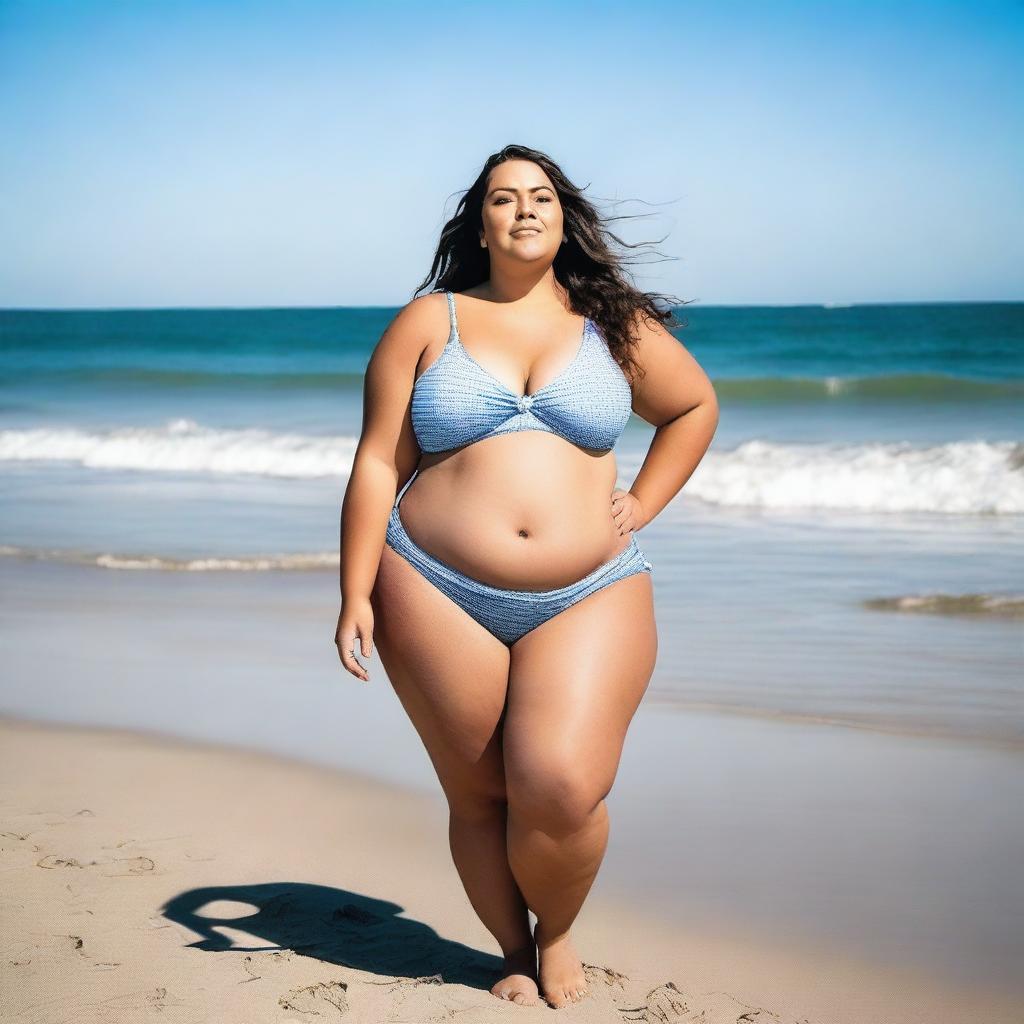 A plus-size woman confidently wearing a tiny bikini, standing on a sunny beach with clear blue skies and gentle waves in the background