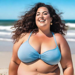 A plus-size woman confidently wearing a tiny bikini, standing on a sunny beach with clear blue skies and gentle waves in the background