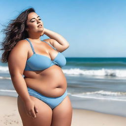 A plus-size woman confidently wearing a tiny bikini, standing on a sunny beach with clear blue skies and gentle waves in the background