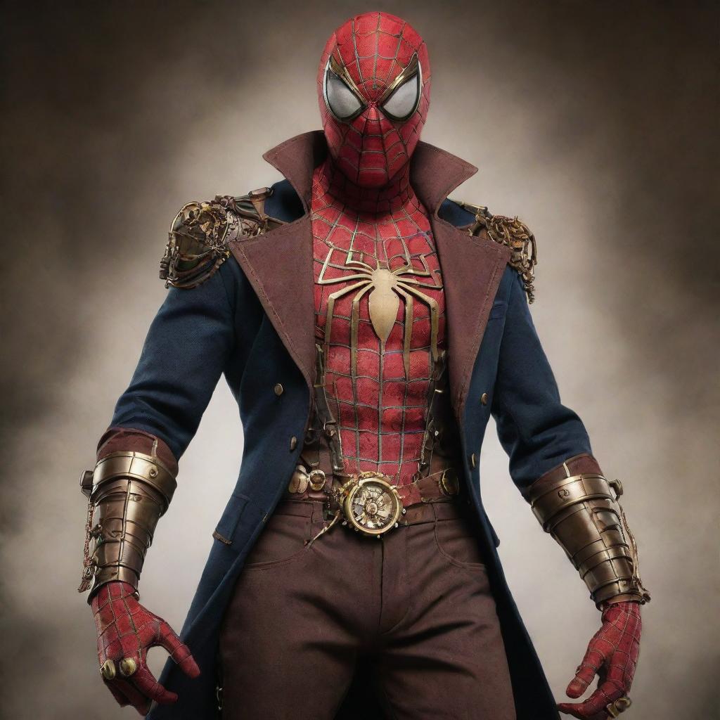 Spiderman reimagined in a steampunk style, featuring a Victorian-era suit with brass and copper spider-web gadgetry, steam-powered web shooters, and mechanical, cog-filled enhancements.