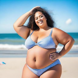 A plus-size woman confidently wearing a tiny bikini, standing on a sunny beach with clear blue skies and gentle waves in the background