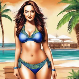 A detailed and stylish depiction of Bollywood actress Sonakshi Sinha wearing a fashionable bikini