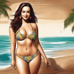 A detailed and stylish depiction of Bollywood actress Sonakshi Sinha wearing a fashionable bikini